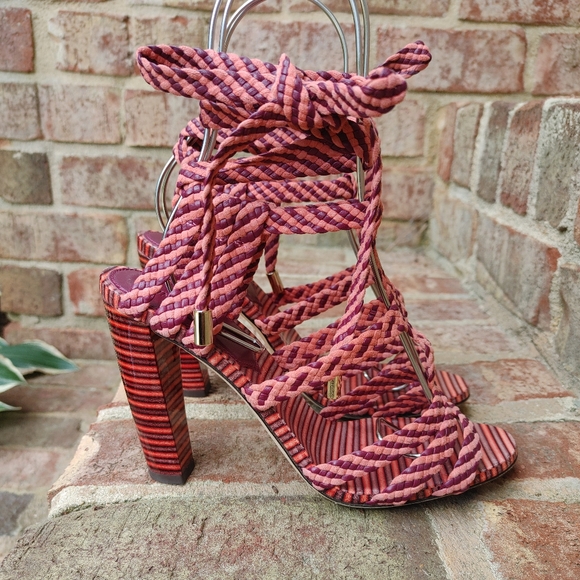 Jimmy Choo Trix 100mm Woven Multi-Wrap Sandal, Dark Shiraz/Coral 37 - Picture 3 of 16
